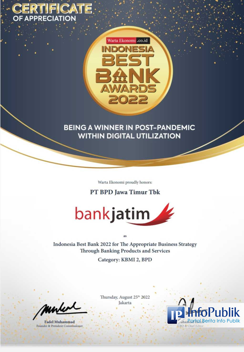 InfoPublik Bank Jatim Raih Indonesia Best Bank Award 2022