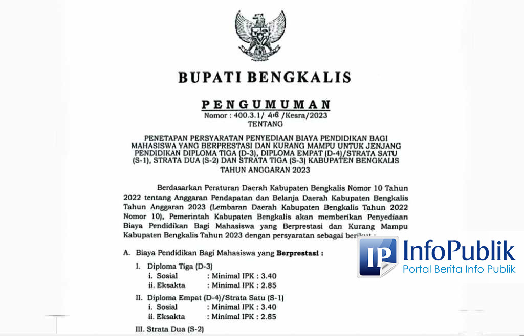 Infopublik Bantuan Biaya Pendidikan Bagi Mahasiswa Berprestasi Dan