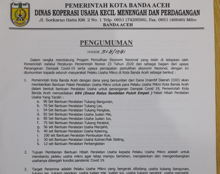 InfoPublik - Pemko Banda Aceh Buka Pendaftaran Bantuan Bagi Pelaku ...