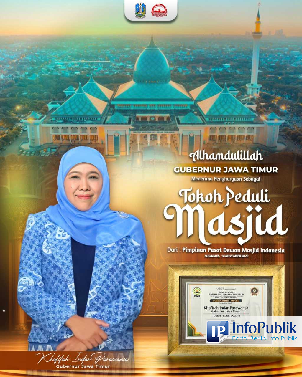 Infopublik Gubernur Khofifah Terima Penghargaan Tokoh Peduli Masjid