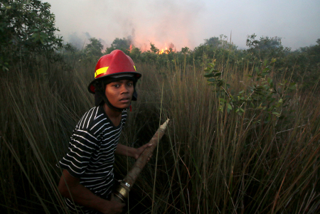 PETUGAS PADAMKAN API DI LAHAN GAMBUT