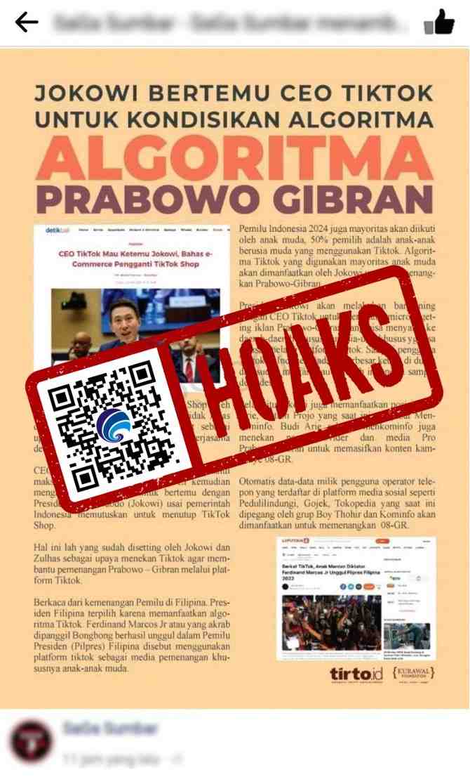 [CEK FAKTA] Presiden Jokowi Bertemu CEO TikTok untuk Kondisikan Algoritma Prabowo-Gibran