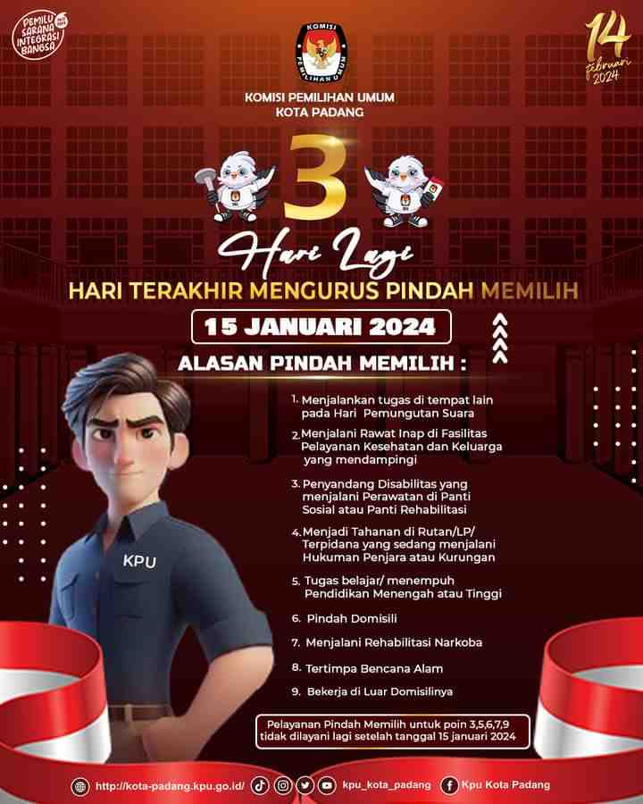 Pengurusan Pindah Pemilih di Padang akan Ditutup 15 Januari 2024