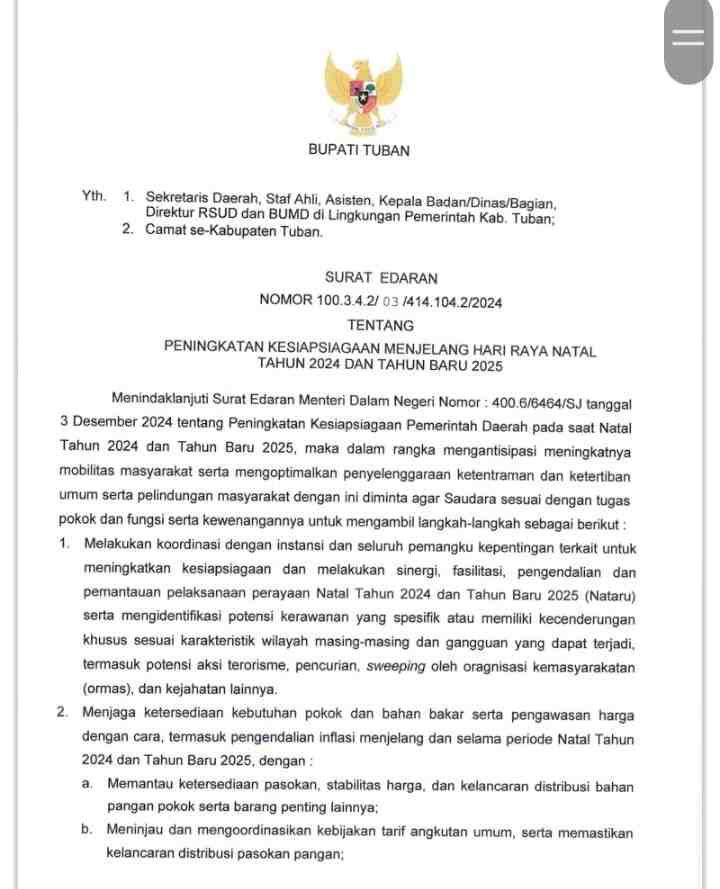Jelang Natal dan Tahun Baru 2025, Bupati Tuban Terbitkan Surat Edaran