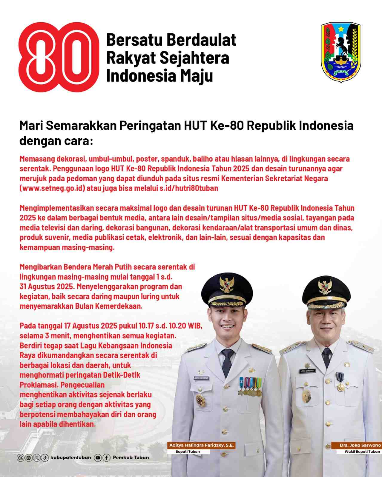 Jelang Peringatan HUT ke-80 Kemerdekaan RI, Pemkab Tuban Terbitkan Surat Edaran