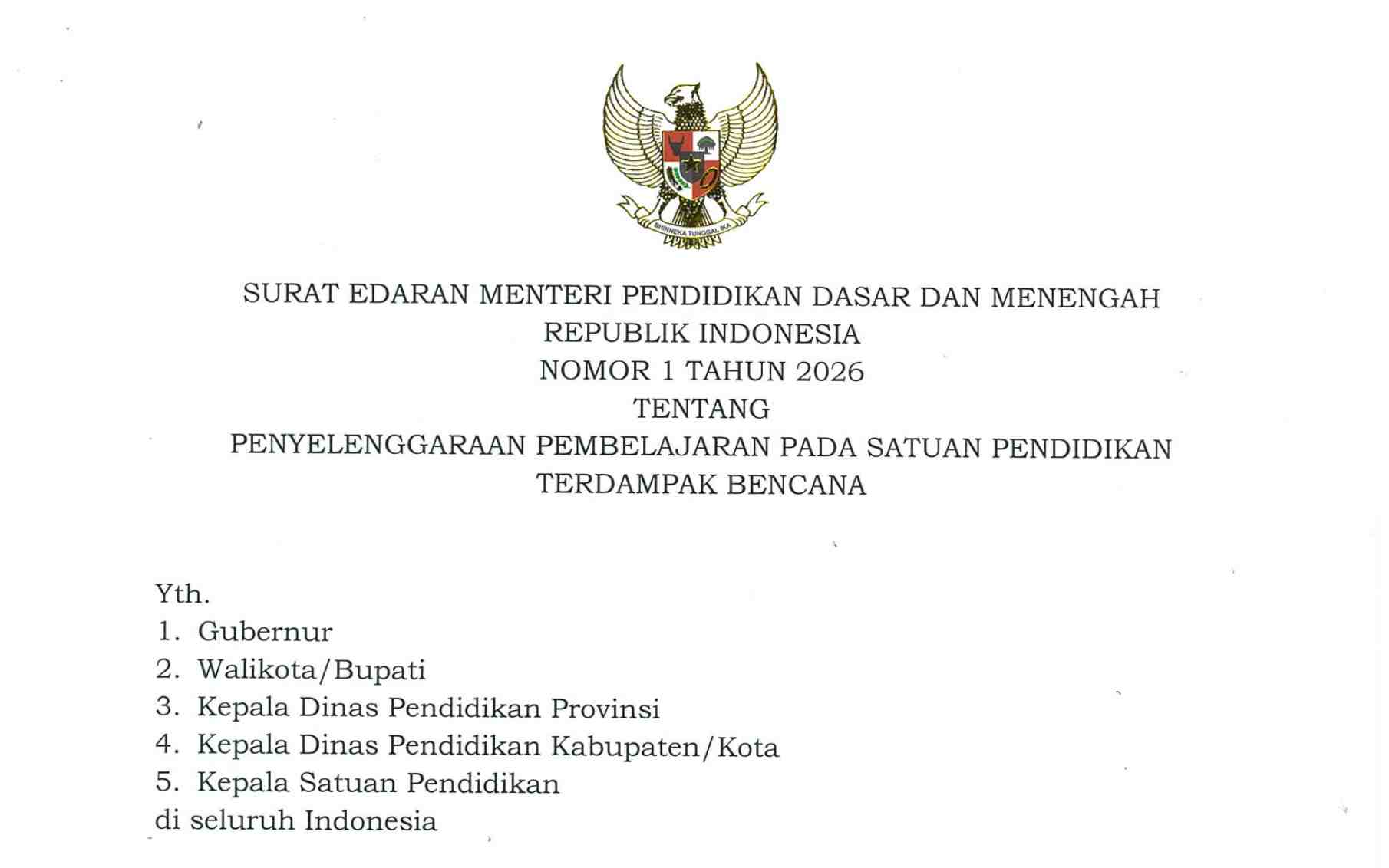 Kemendikdasmen Terbitkan SE Pembelajaran Sekolah Terdampak Bencana
