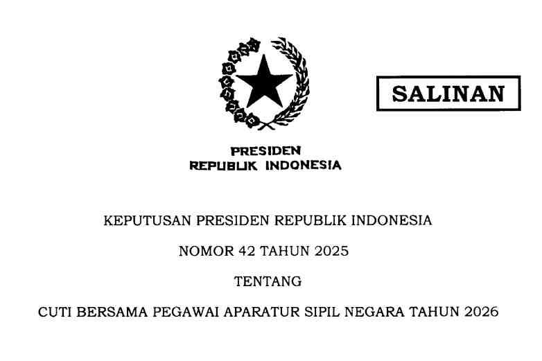 Keppres Cuti Bersama ASN 2026 Ditetapkan, Berlaku Mulai 31 Desember 2025