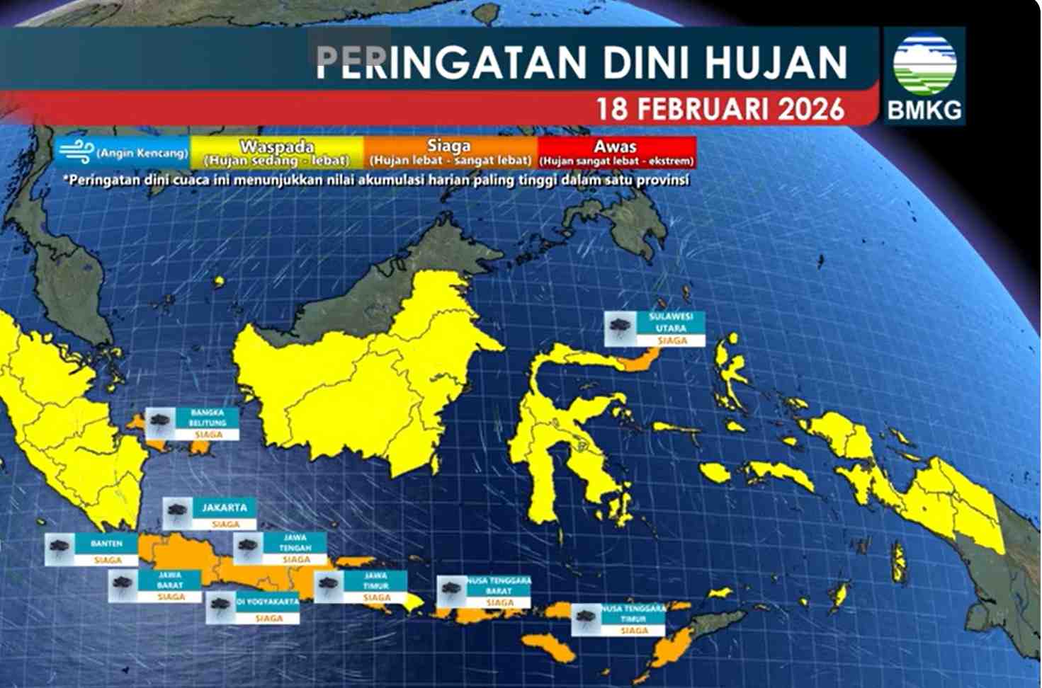 Hujan Lebat Berpotensi Guyur Aceh hingga Sulawesi Utara pada 18 Februari 2026