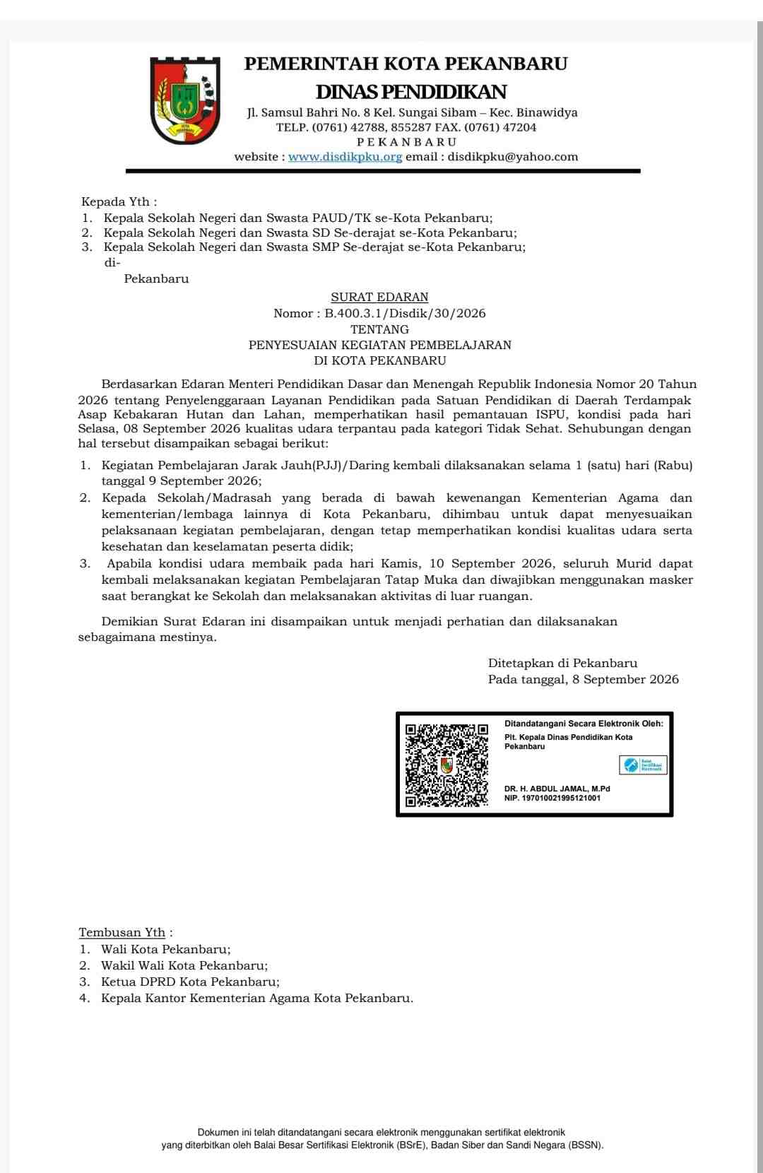 Pemko Pekanbaru Perpanjang PJJ untuk Lindungi Peserta Didik dari Kabut Asap